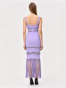 Purple bandage evening dress featuring intricate beaded fringe, elegant back view.
