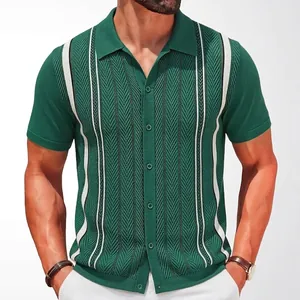 Polo en Tricot Rayé pour Homme Manches Courtes Business Casual Coupe Ajustée Cardigan Top avec Texture à Chevrons Tricot d'Été