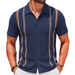 Cardigan polo en maille rayée bleu marine pour hommes avec manches courtes et texture