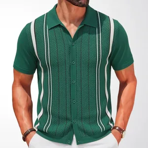 Polo en maille rayée vert élégant pour homme coupe ajustée manches courtes bouton