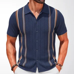 Polo en maille pour homme à rayures verticales, manches courtes, coupe slim, bleu marine
