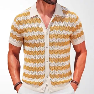 Vintage Men Crochet Hollow Out Knit Polo Shirt Retro Water Ripple Zigzag Pattern Short Sleeve Lapel Button Up Viscose Top