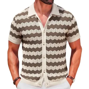 Vintage men's hollow knit polo shirt featuring a stylish brown zigzag water wave pattern