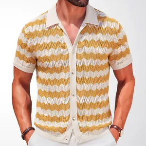 Retro yellow and white zigzag knit polo shirt with short sleeves and buttons.