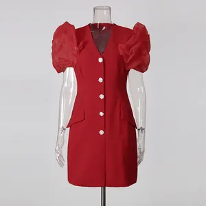 Elegant red V-neck blazer dress with organza puffed sleeves and diamond buttons.