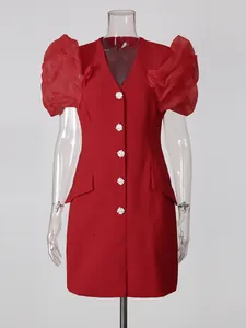 Elegant red V-neck blazer style dress with ruffled puff sleeves and crystal buttons