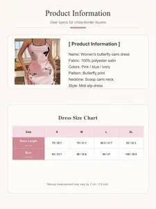 Uitgebreide maattabel en productdetails voor roze satijnen nachthemd met vlinderprint