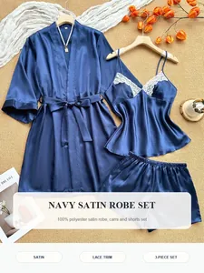 Detailed view of the elegant navy 3-piece satin robe set featuring white lace trim