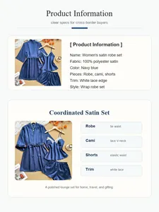Detailed infographic showing navy blue women's satin pajama set with robe and lace trim
