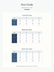 Comprehensive size guide for women's satin pajama set including cami, robe, and shorts.
