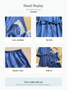 Detail close-ups of a navy blue satin robe, lace cami, and elastic waist shorts set.