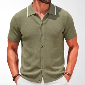 Men's Summer Short Sleeve Knit Cardigan Polo Shirt Lightweight Casual Business Button Front Knitted Viscose Polo Top