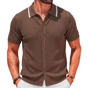 Men's short sleeve knitted cardigan polo shirt in brown with white collar trim