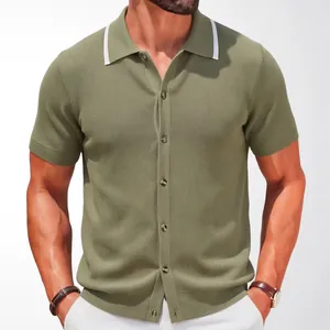 Men's olive green short sleeve knitted Polo cardigan with contrast white collar.