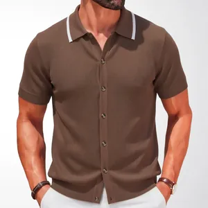 Brown knit polo cardigan for men with short sleeves and button front style.