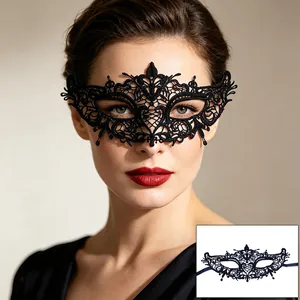 Close-up of black lace masquerade mask with intricate hollow patterns for parties