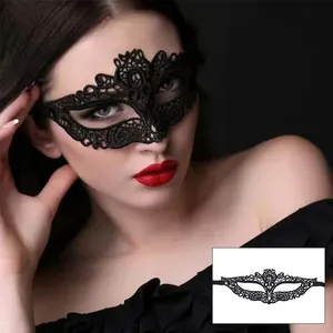 Close-up detail showing the intricate floral lace embroidery of this black masquerade eye mask