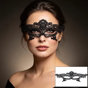 Elegantly designed black lace masquerade mask worn by a model with a product detail view