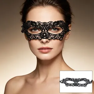 Elegant black lace masquerade mask worn by a model, perfect for Halloween parties.