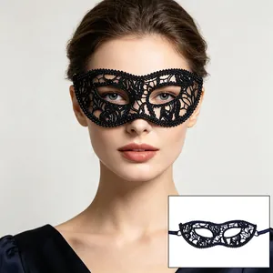 Intricate black lace masquerade eye mask shown on model and in a flat detail view