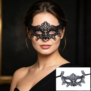 Detailed view of an elegant black lace masquerade mask on a model and flat layout.