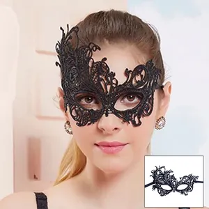 Detailed view of an elegant black lace masquerade eye mask worn by a model for parties.