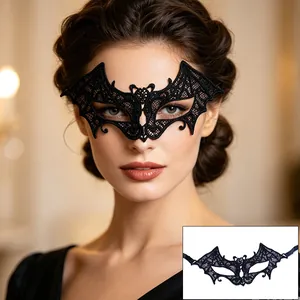 Close-up view of a woman wearing an elegant black lace bat mask for a masquerade party