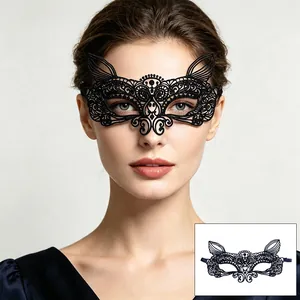 Detailed view of a black lace masquerade cat eye mask worn by a female model in studio