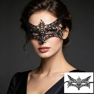 Elegant black lace masquerade eye mask shown worn by a model for Halloween parties