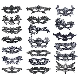 Set of 18 elegant black lace masquerade masks for Halloween or parties.