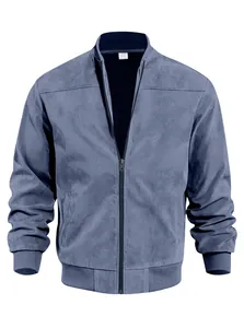 Classic men's blue suede bomber jacket featuring a stand collar and full zipper closure