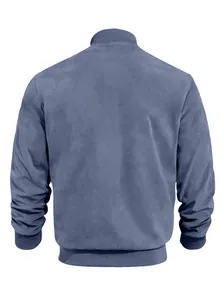 Back view of premium blue suede bomber jacket for men with ribbed cuffs and hem.
