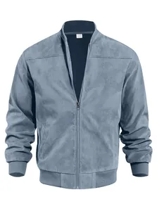 Detailed view of blue faux suede bomber jacket with stand-up collar and zipper closure