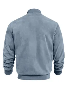Back view of a premium men's blue-gray suede stand-collar bomber jacket for men