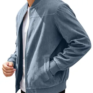 Men's casual suede bomber jacket with full zipper and stand collar in slate blue