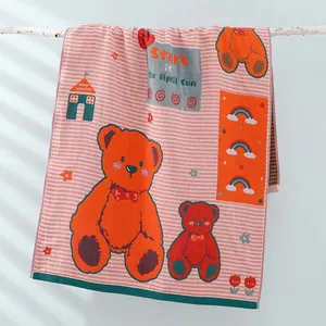 Soft four-layer gauze cotton bath towel with cute orange bear and pink stripe patterns
