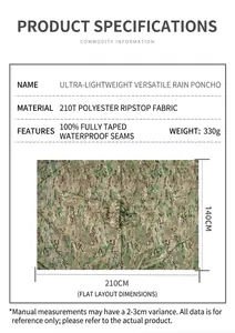 Specification detail of the camouflage poncho showing 210cm by 140cm flat dimensions