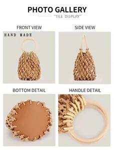 Vistas detalladas de un bolso de playa de malla tejida a mano con asas de madera.