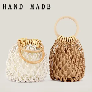 Bolso De Mano Tejido A Mano Cuerda De Algodón Red Cubo Para Vacaciones En La Playa Color Sólido Mini Tote