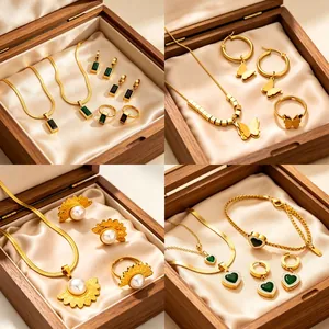 Stainless Steel Jewelry Set For Women Vintage Golden Butterfly Emerald Zirconia Necklace Earrings Ring Wedding Party Jewelry