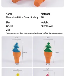 Specifiche di dimensioni e peso per il giocattolo squishy gelato in PU a rimbalzo lento.