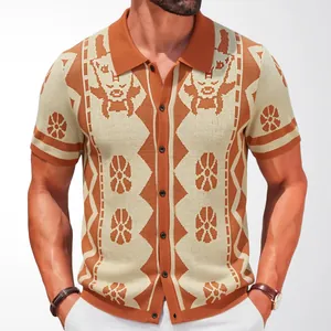 Men's ethnic jacquard knit polo shirt with short sleeves and vintage button-up design