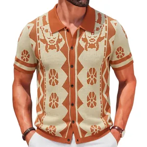 Men's short sleeve knitted polo cardigan with ethnic jacquard pattern and button-down front