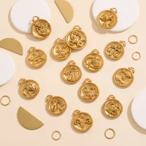 Detailed overview showing various 18K gold plated stainless steel zodiac sign pendants for DIY jewelry