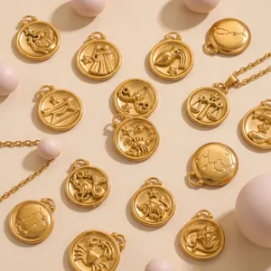 Stainless Steel Twelve Zodiac Coin Pendants Eighteen K Gold Plated Round Embossed Charms For DIY Necklace Bracelet Jewelry Making Accessories