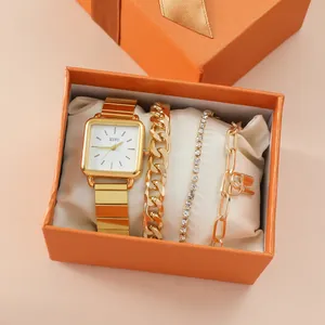 Elegant 4-piece women's gold-toned retro square watch and bracelet set in gift box.