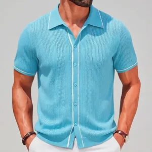 Men's Casual Viscose Knit Polo Shirt Summer Short Sleeve Button Down Cardigan Top With Contrast Trim Details