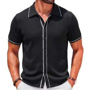 Elegant men's black short-sleeve knit polo shirt with white contrast piping details