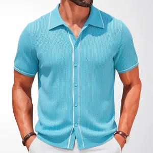 Men's sky blue short sleeve knitted polo shirt, business casual button-up knitwear variant.
