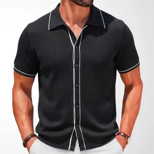 Men's black hollow knit short sleeve button-down polo shirt with white contrast trim